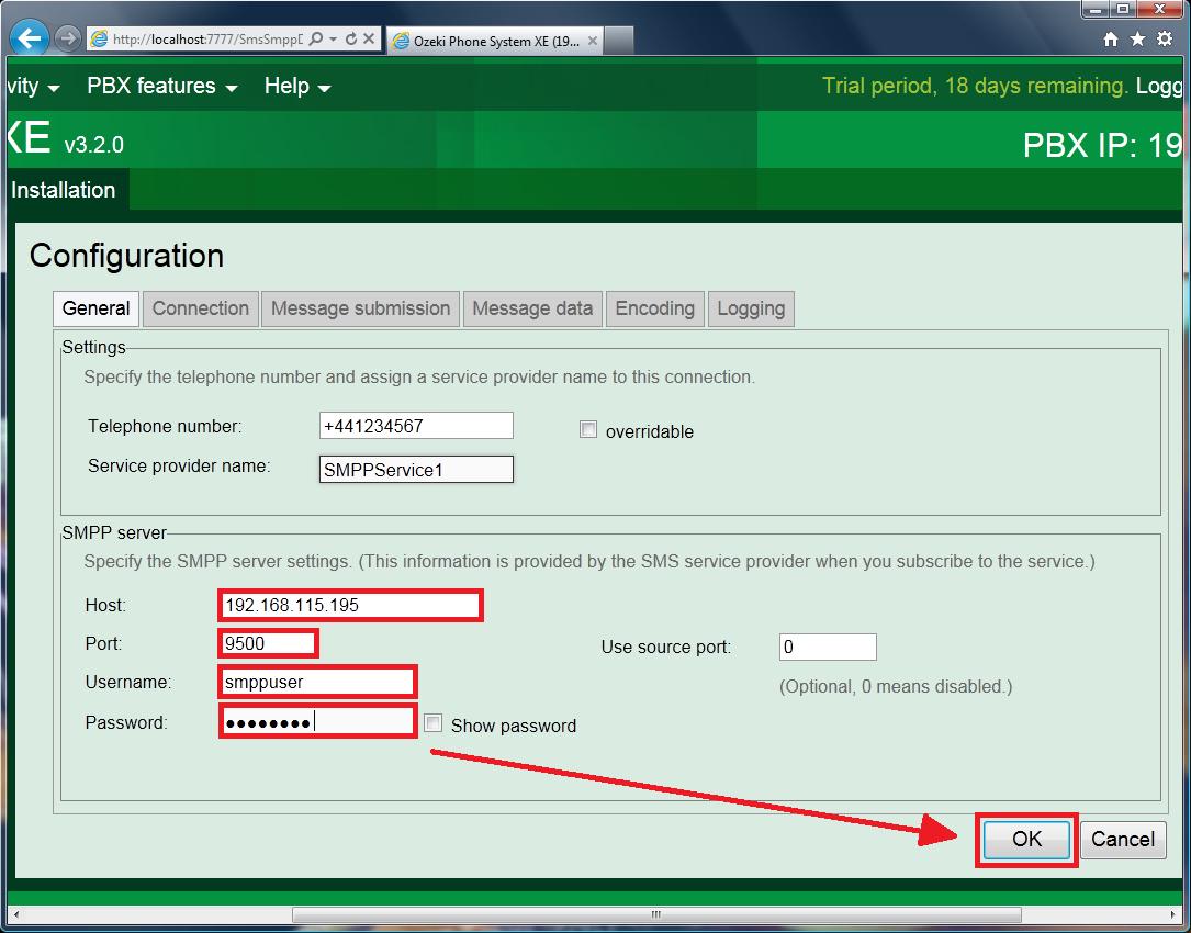 the config panel of the new smpp connection