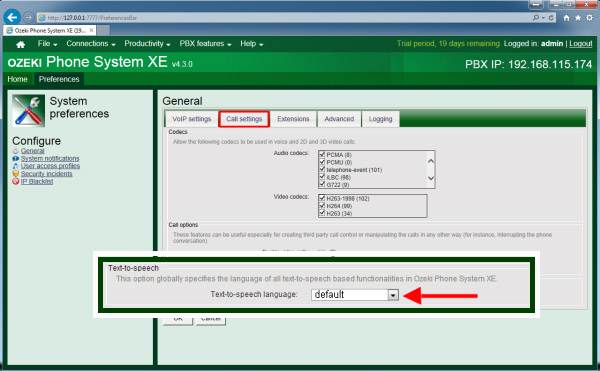 main screen of ozeki phone system