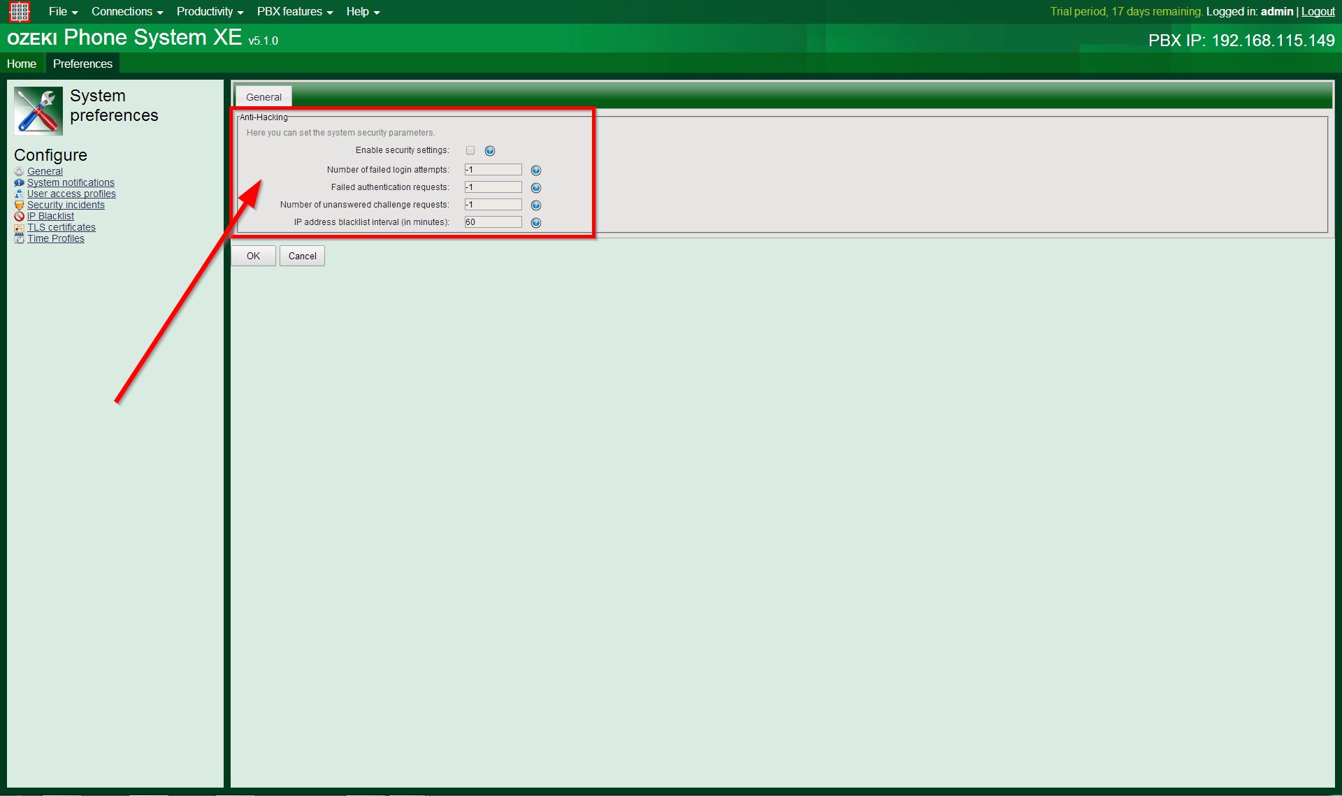form to set system security parameters